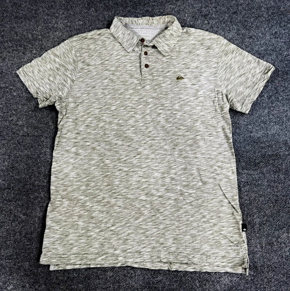 Quiksilver Mens Polo Shirt Size L Gray Olive Striped Short Sleeve Modern Fit